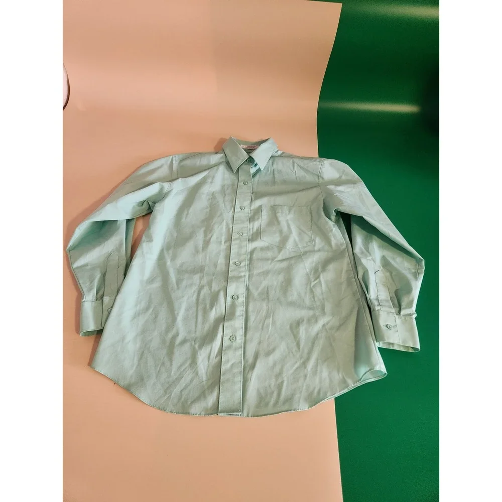 Arizona Button Down Shirt Mens 14 Mint Green Wrinkle Free Long Sleeve Cotton Mix